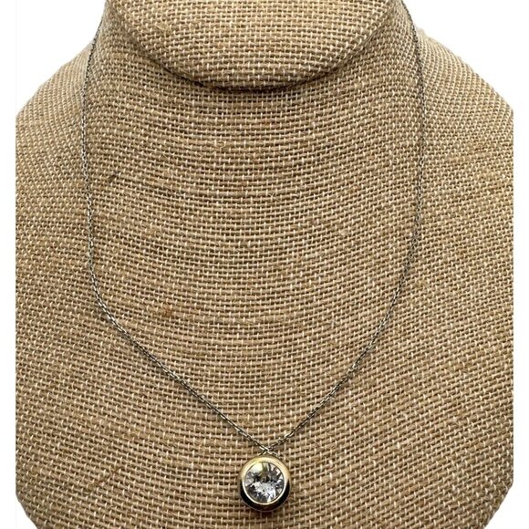 Sparkling Elegant Two Tone CZ Pendant Necklace Slider Bedazzled Whimsy Dainty - Picture 2 of 7